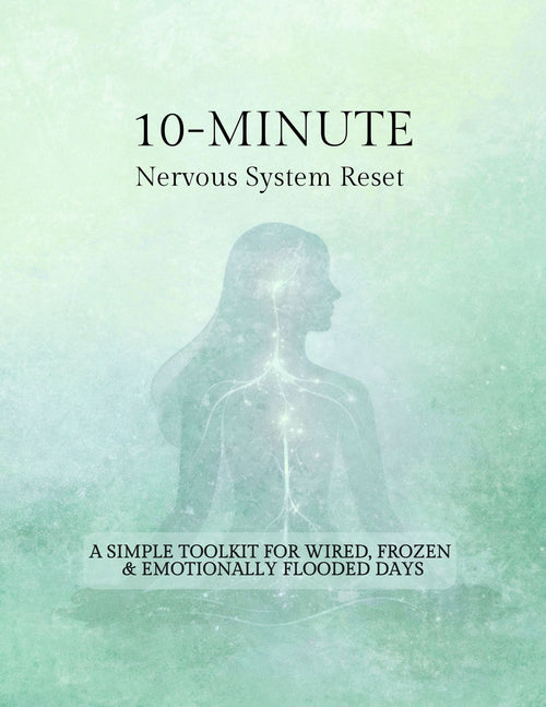 Book cover of '10-Minute Nervous System Reset' with a silhouette of a person and nervous system illustration on a green background.