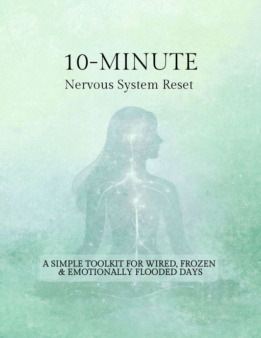 Book cover of '10-Minute Nervous System Reset' with a silhouette of a person and nervous system illustration on a green background.