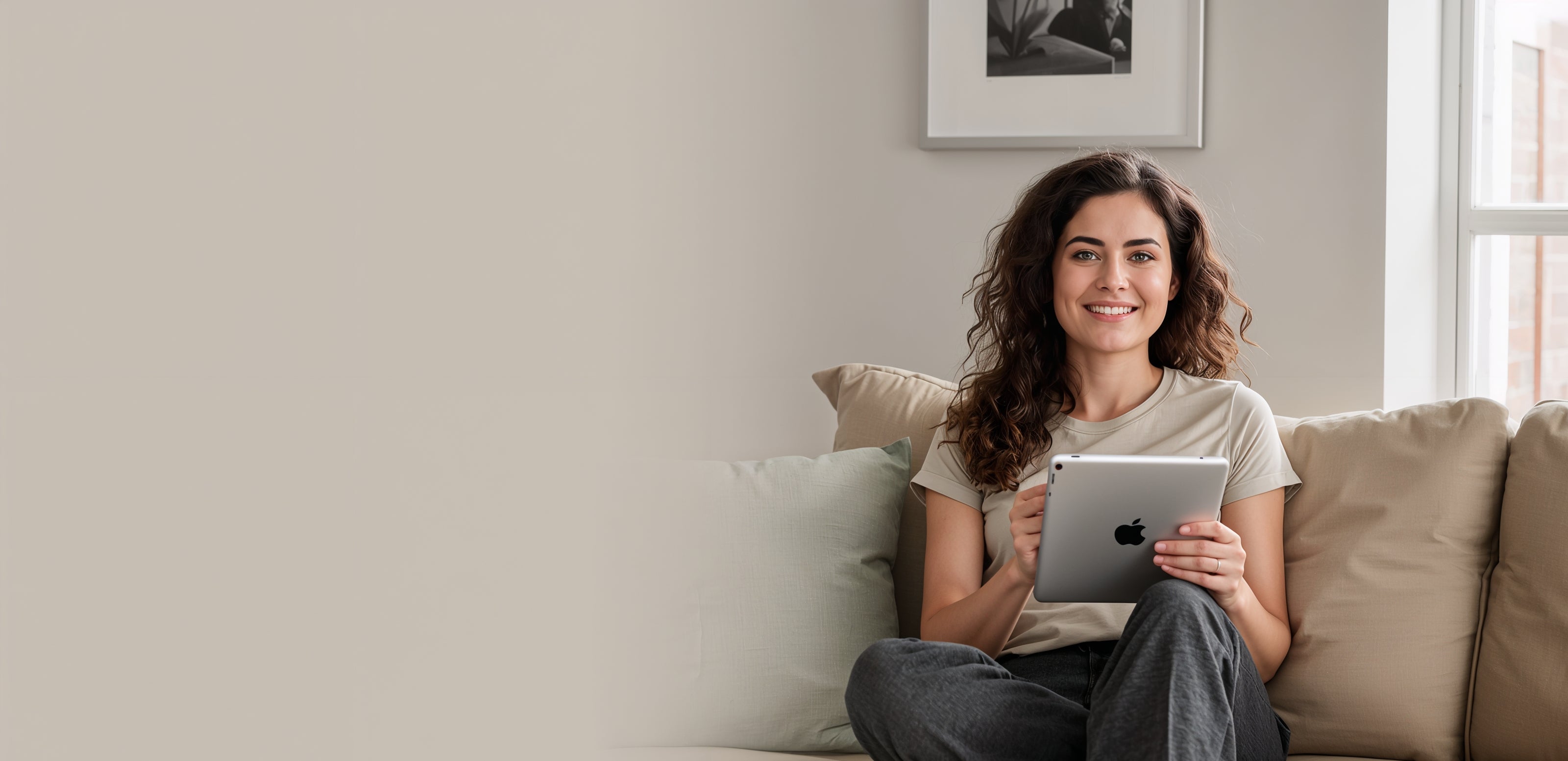 Woman sitting on a couch holding a tablet, smiling at the camera.