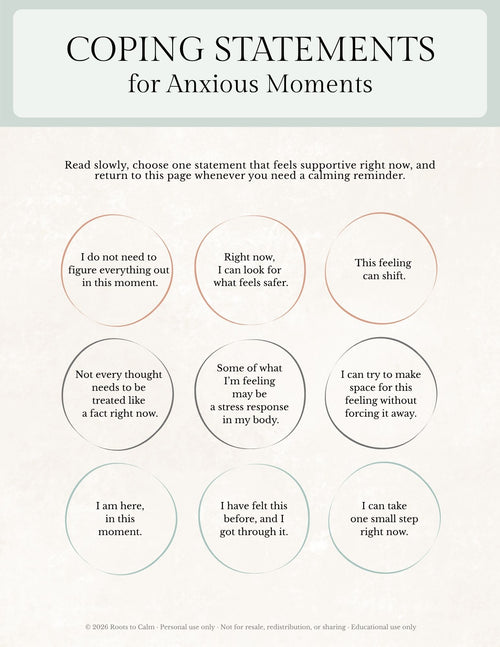 Coping statements for anxious moments on a light gray background