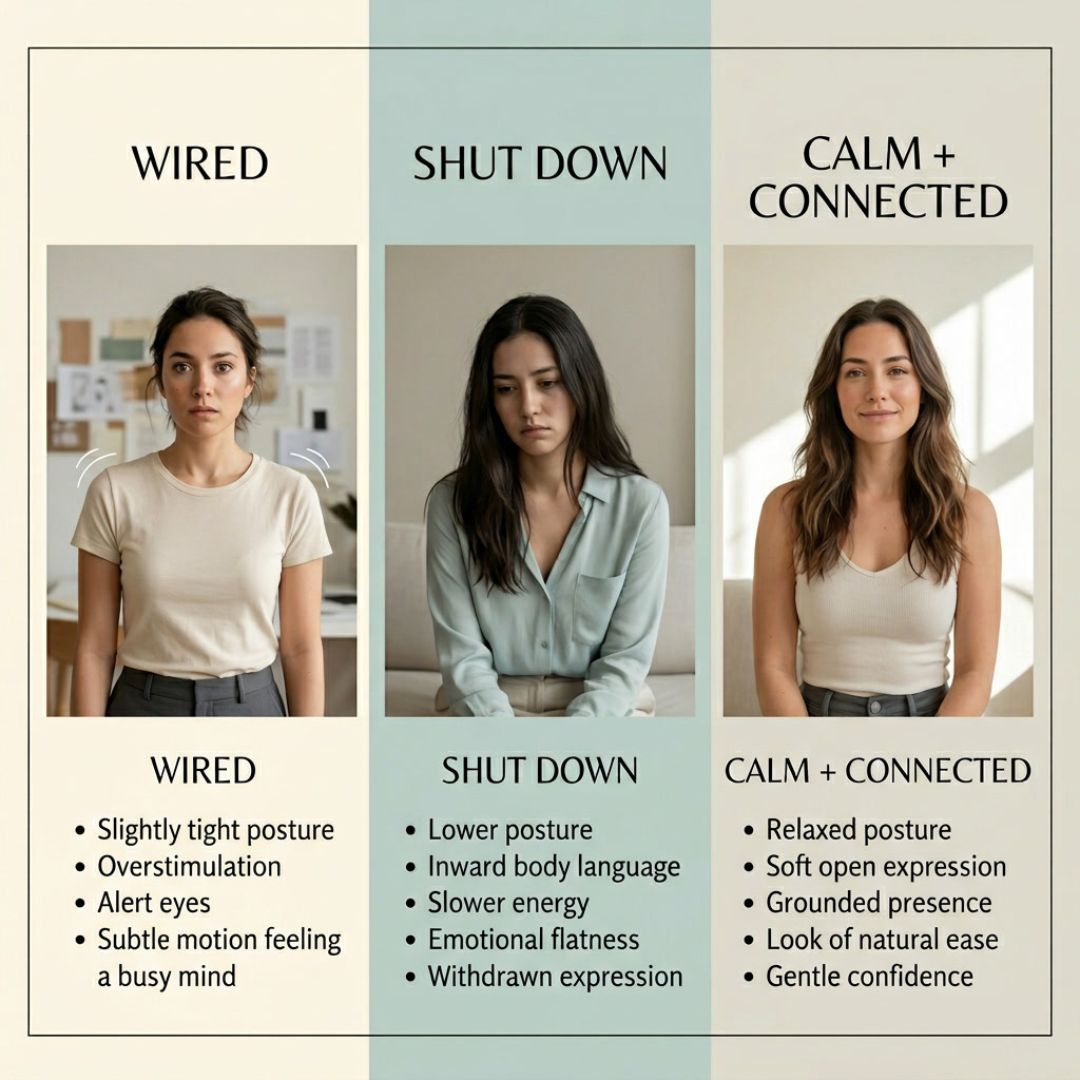 Chart showing three states of a woman labeled 'WIRED', 'SHUT DOWN', and 'CALM + CONNECTED' with corresponding descriptions.