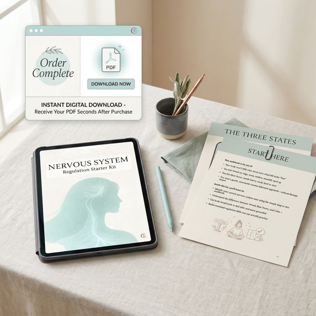 Tablet displaying a digital download offer for a 'Nervous System Regulation Starter Kit' on a table with printed materials.