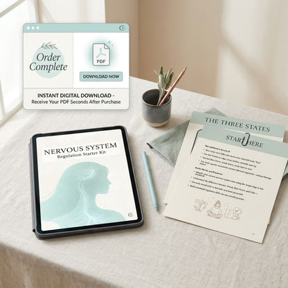 Tablet displaying a digital download offer for a 'Nervous System Regulation Starter Kit' on a table with printed materials.