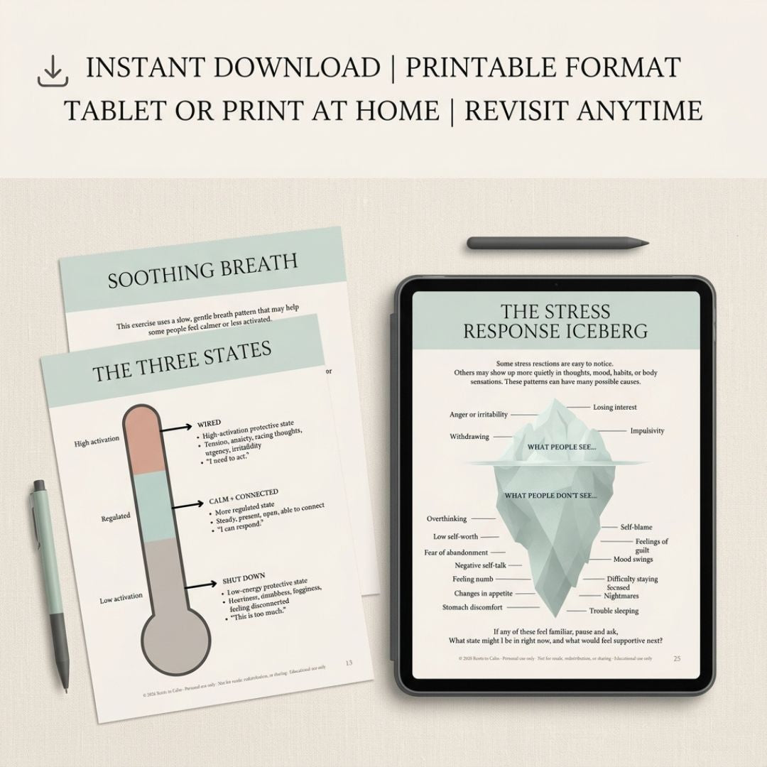 Printable educational materials on a tablet and paper with text about stress response iceberg and soothing breath.