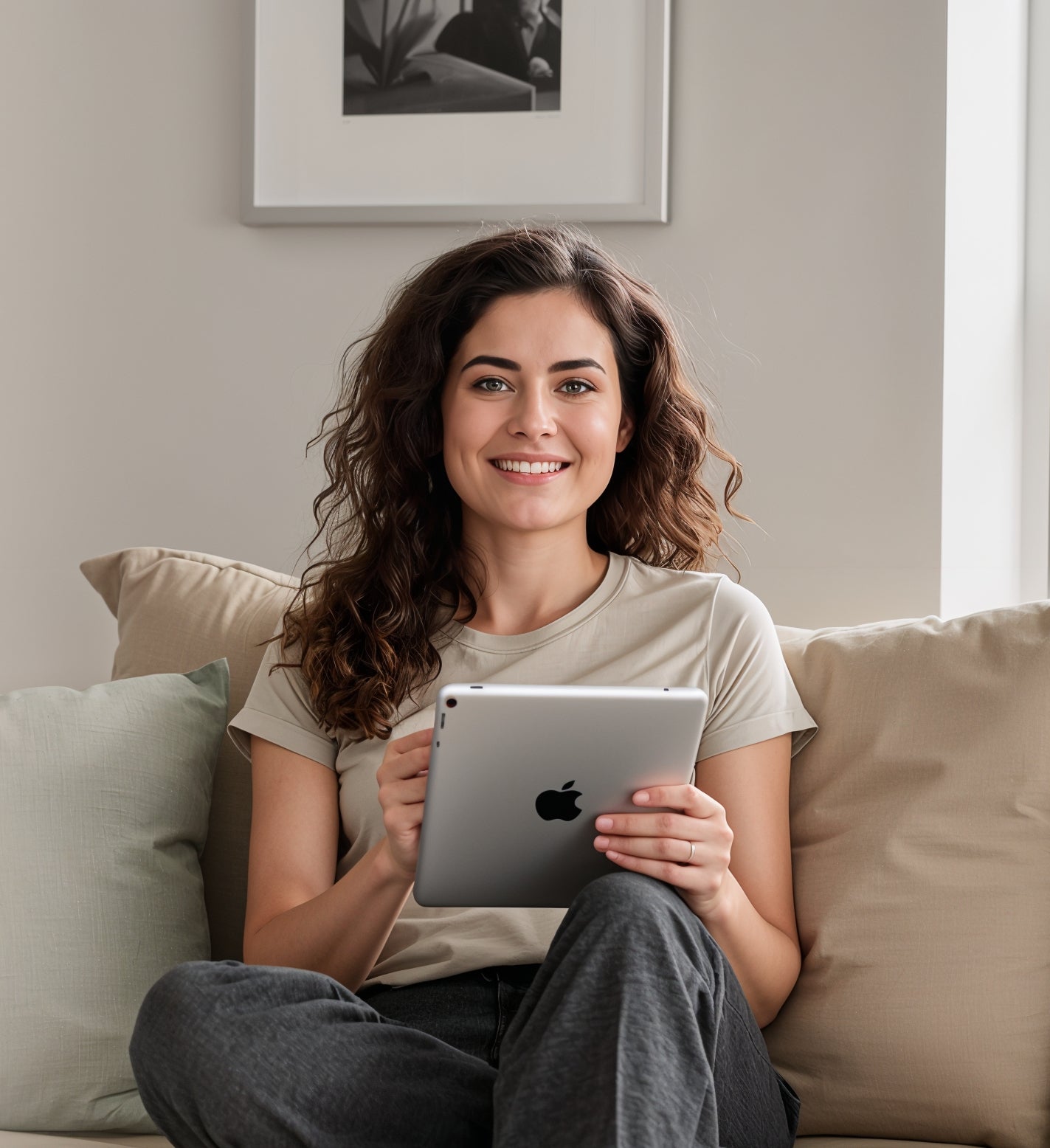 Woman sitting on a couch holding a tablet, smiling at the camera.