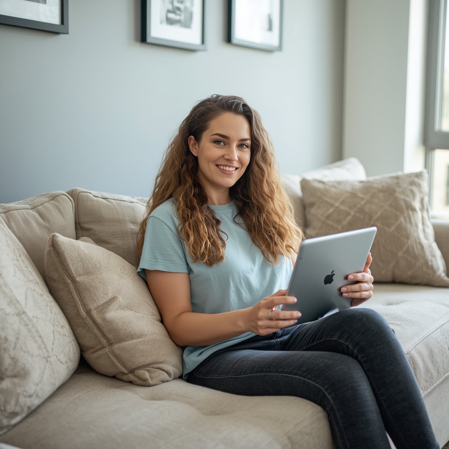 Woman sitting on a couch holding an Apple tablet in a living room.